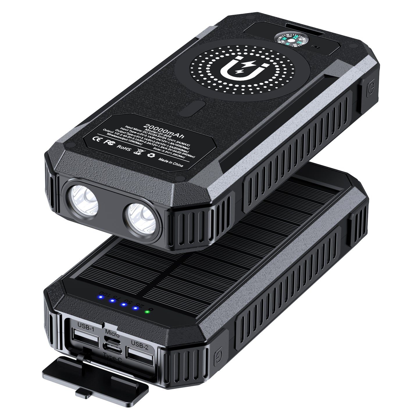 The image shows a portable power bank with a rugged design, featuring a 20000mAh capacity.,solar panels for charging, multiple USB ports, a built-in flashlight, and a compass on top.