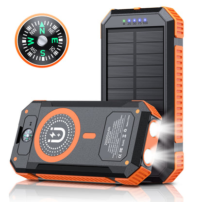 The image shows a multi-functional outdoor power supply with a compass, high-capacity battery,solar charging panel and flashlight.