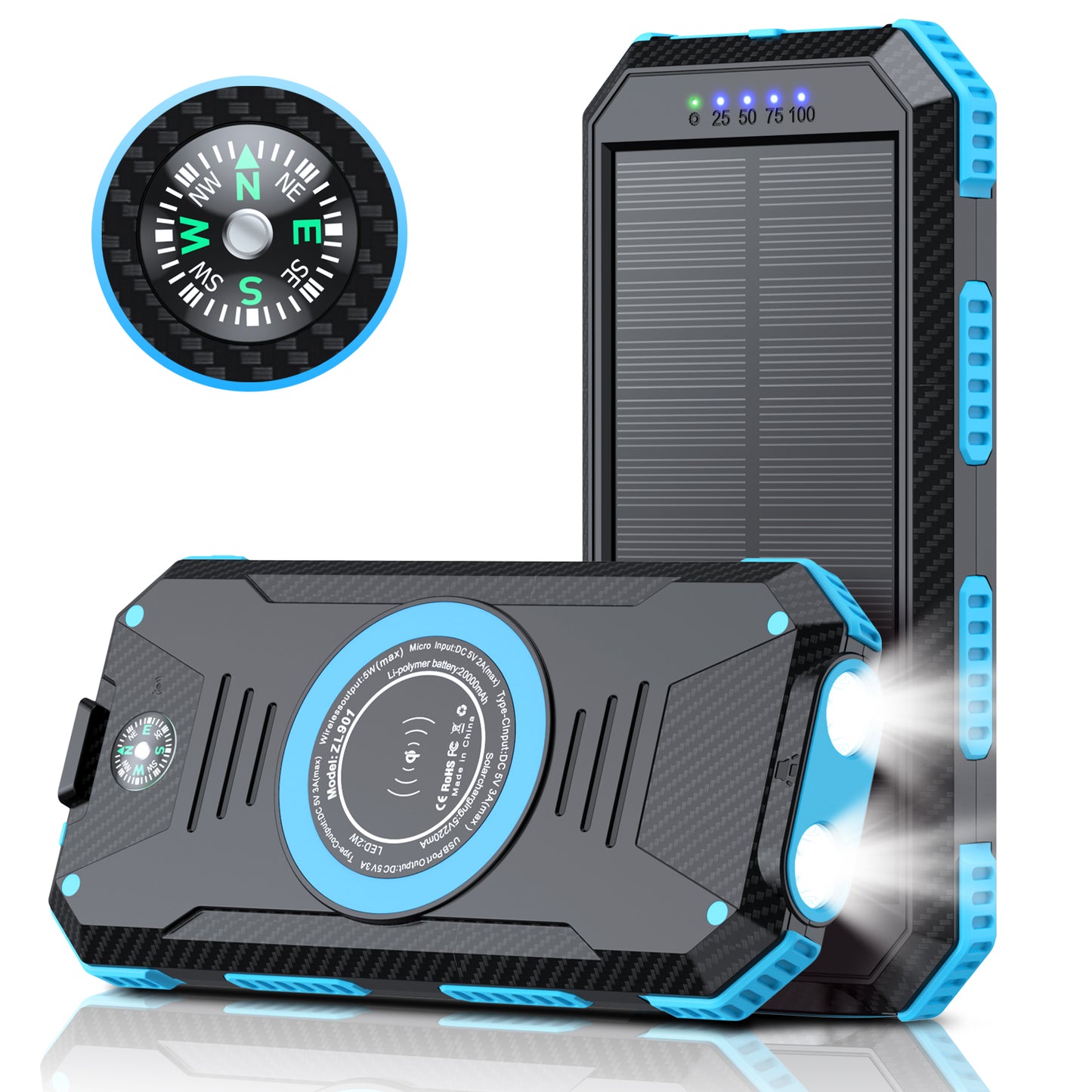 The picture shows a multifunctional portable blue solar power bank with solar - charging capabilities, built - in LED lights, a compass, and a power indicator.
