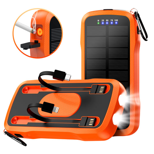 The picture shows an orange portable power bank with solar charging capabilities, multiple charging ports, a built - in flashlight, and a battery level indicator.
