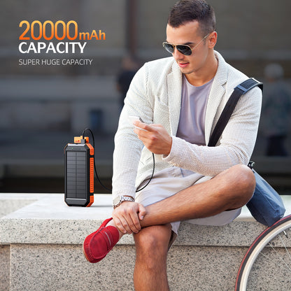 The image shows a man sitting on an outdoor bench using his mobile phone, with a portable power bank labeled with a large capacity of 20000mAh beside him.