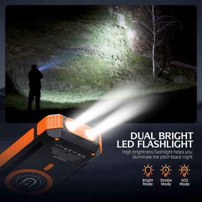 The image shows a device with dual bright LED flashlight capabilities, featuring high-brightness illumination for dark nights, and includes modes such as bright, strobe, and SOS.