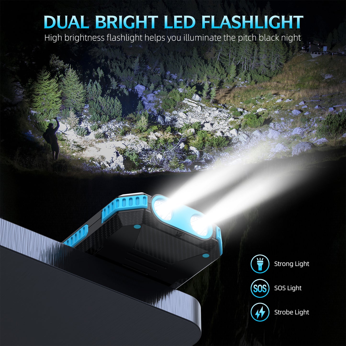 The picture shows a power bank with dual bright LED flashlights, featuring strong light, SOS light, and strobe light for illuminating the night.
