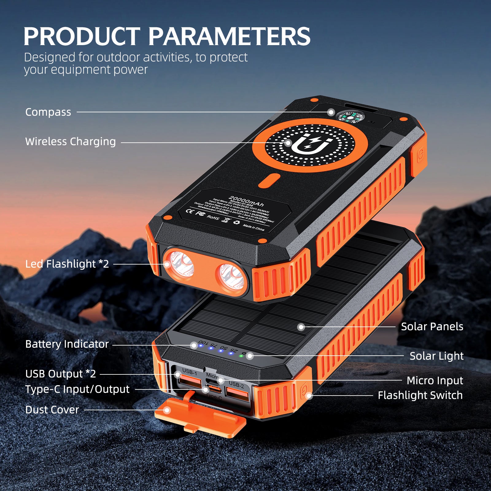 The image shows a product designed for outdoor activities, highlighting various features such as a compass, wireless charging, two LED flashlights, solar panels,  a solar light, a battery indicator, two USB outputs,Type-c input/output, micro input, a flashlight switch, and a dust cover.