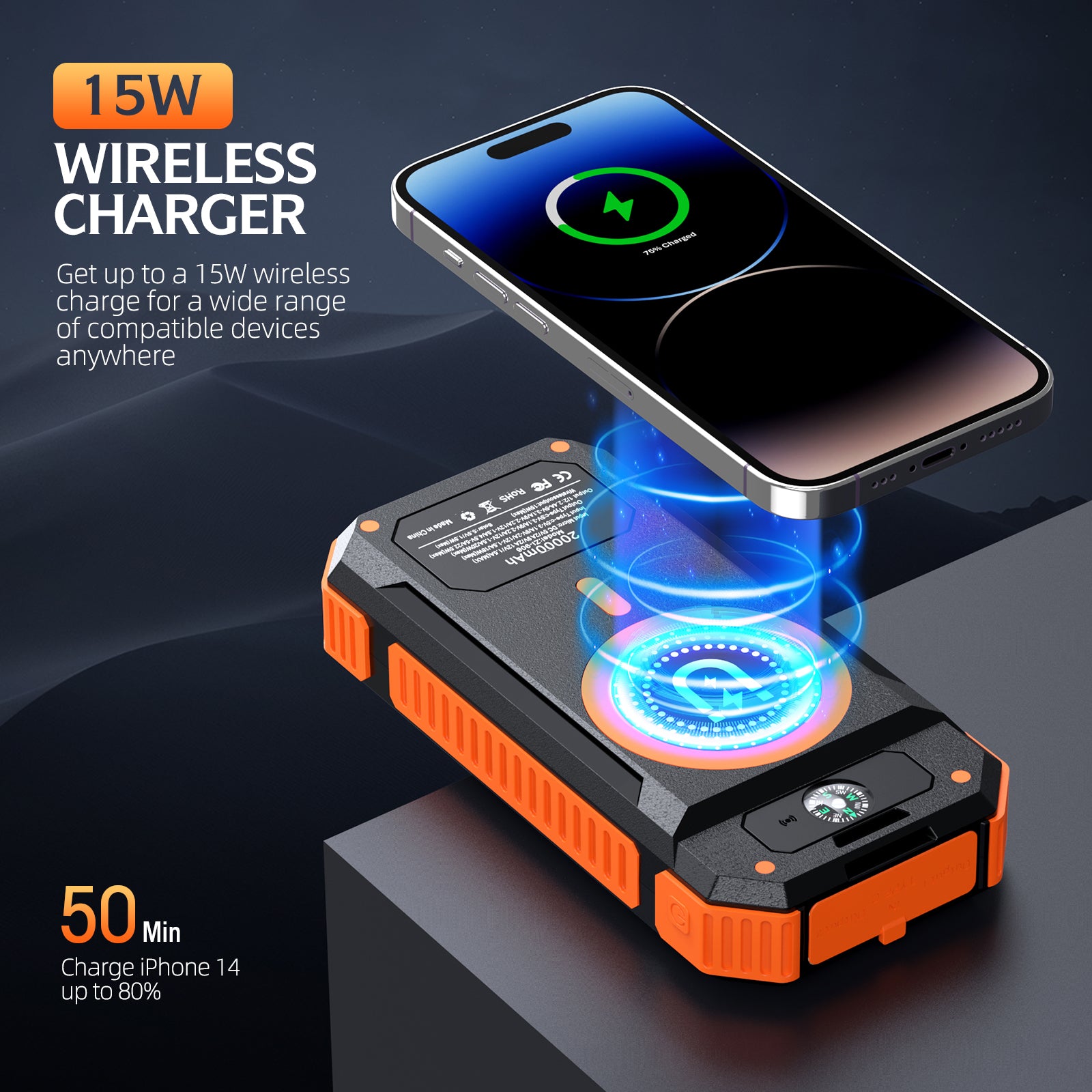 The image shows a 15W wireless charger that can charge an iPhone 14 up to 80% in 50 minutes, with a visual of the charging process depicted.