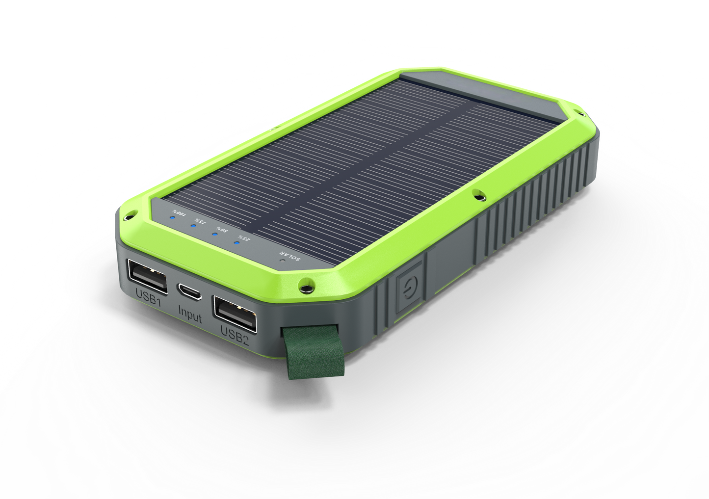 The green solar charger has 2 UCB ports and one input port on the top side.