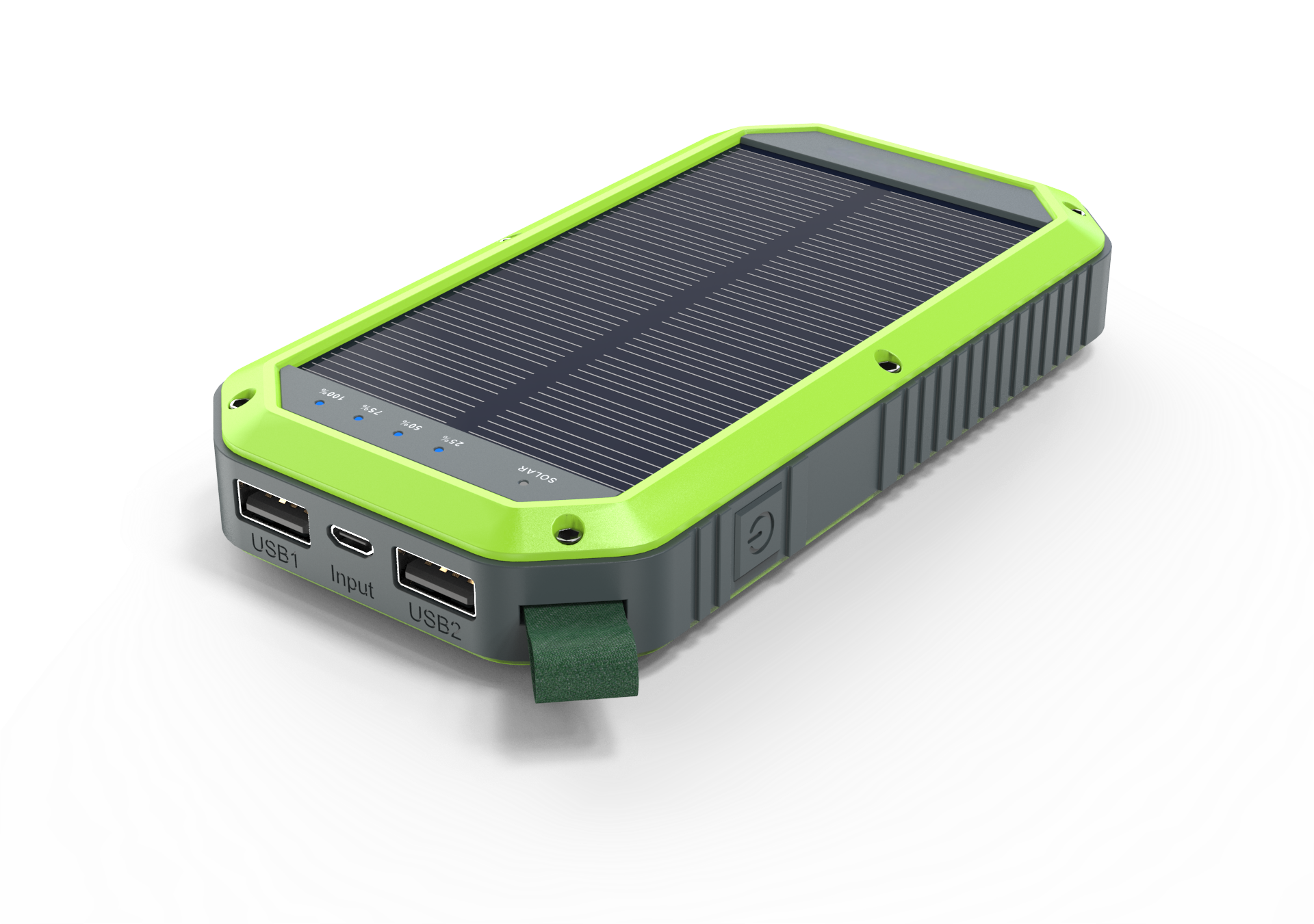 The green solar charger has 2 UCB ports and one input port on the top side.