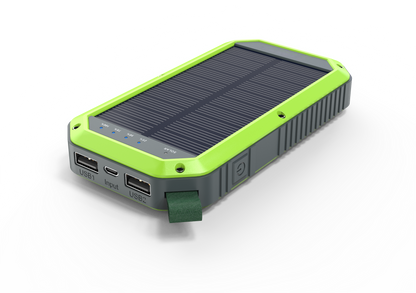 The green solar charger has 2 UCB ports and one input port on the top side.