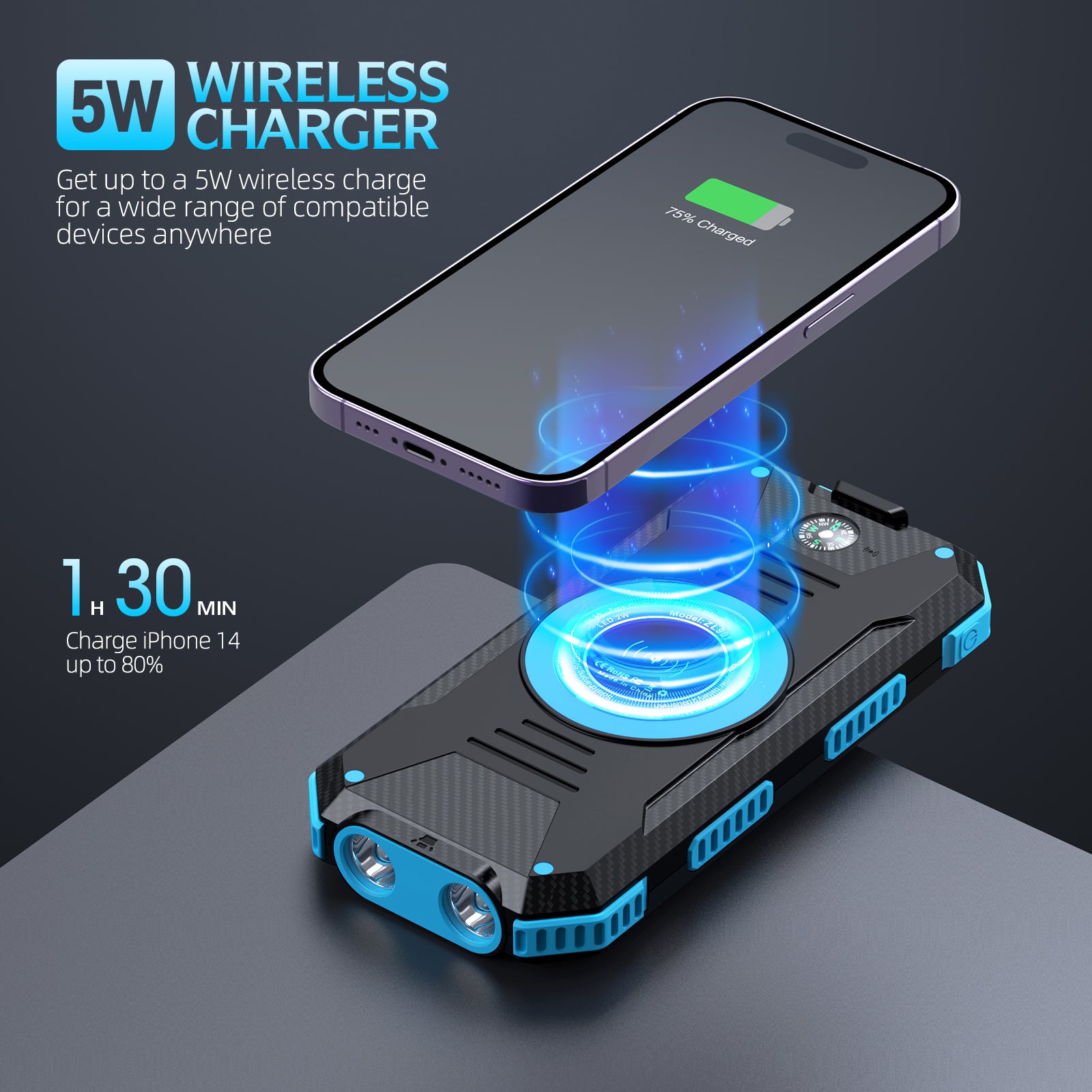 The picture shows a portable power bank with a 5W wireless charger, capable of charging an iPhone 14 up to 80% in 1 hour and 30 minutes.
