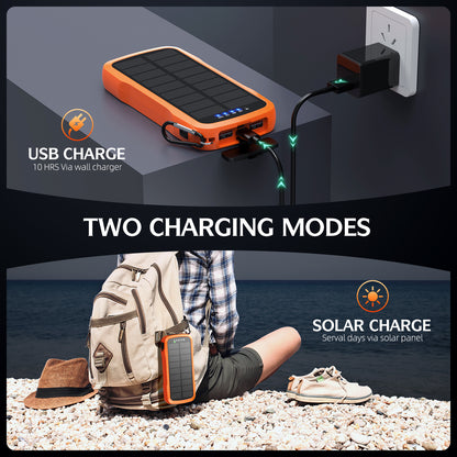 The picture shows a portable power bank with two charging modes: USB charge (10 hrs via wall charger) and solar charge (several days via solar panel), suitable for outdoor use.
