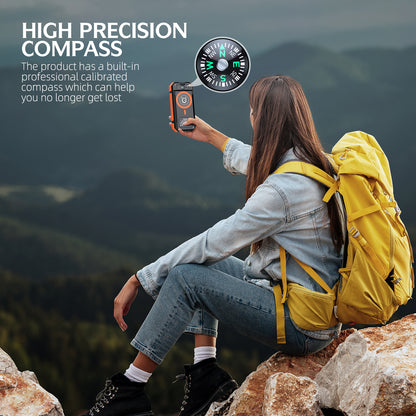 The image shows a person sitting on a rock with a yellow backpack, holding up a device with a high-precision compass feature.The background feaures  scenic view of a moutainous landscape, suggesting an outdoor, hiking, or adventure setting.