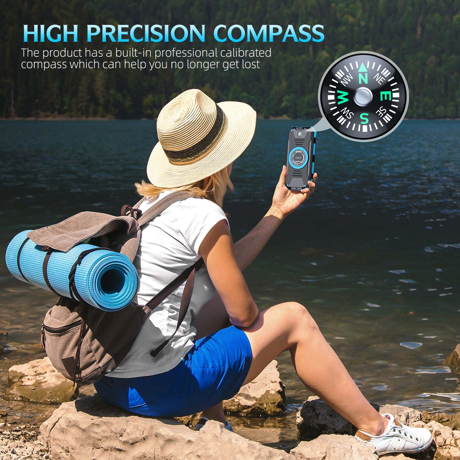 The product is a power bank with a high - precision compass, suitable for outdoor use, as demonstrated by a person sitting by a lake using it.
