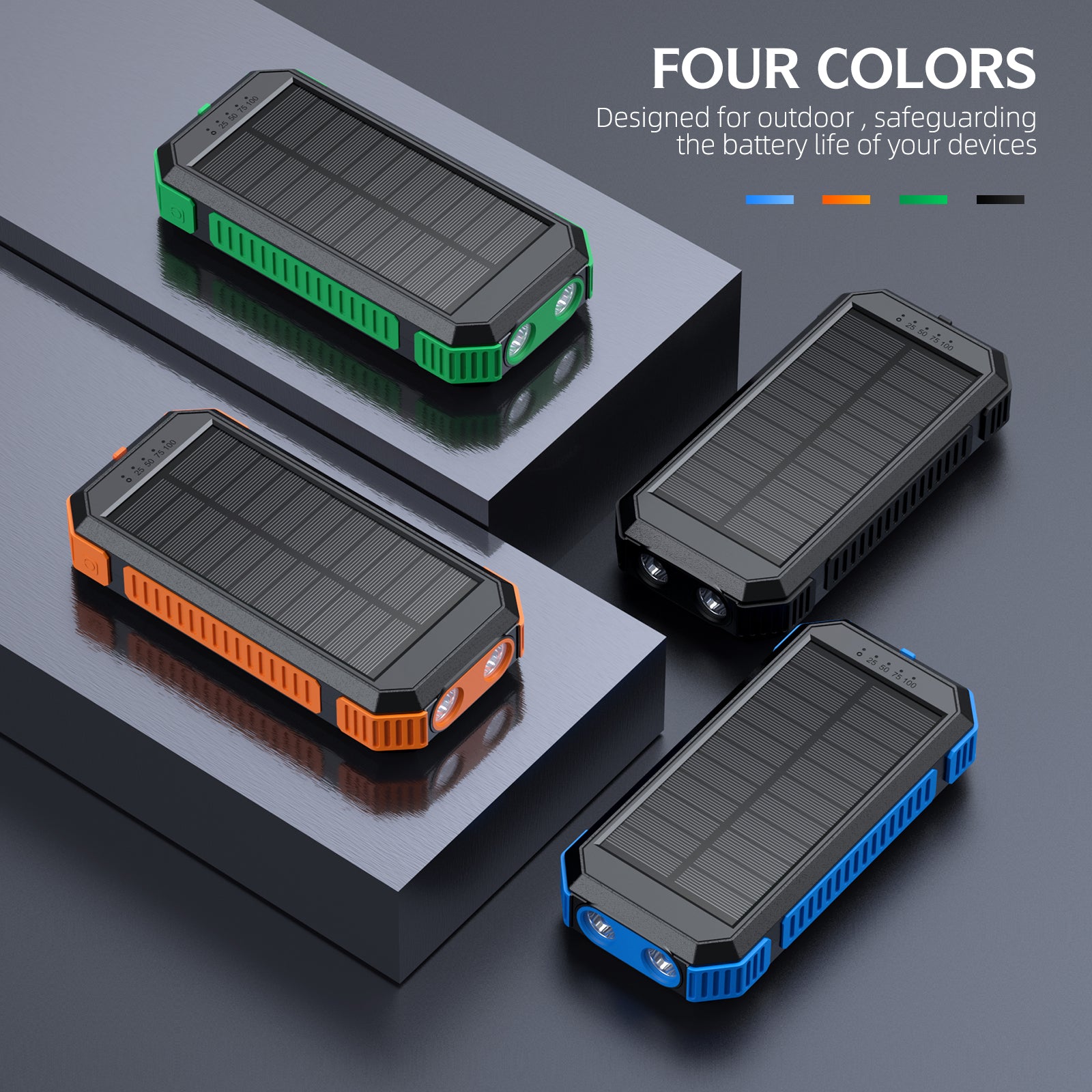 The image shows four portable power banks with solar panels, available in four different colors, designed for outdoor use to safeguard the battery life of devises.