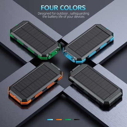 The picture shows four colors of outdoor - designed power banks with solar panels, aiming to safeguard the battery life of devices.
