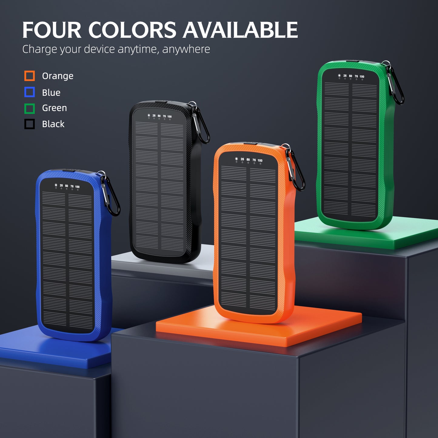 The picture shows four portable power banks available in four colors (orange, blue, green, and black) with solar panels on their surfaces, allowing for charging devices anytime and anywhere.
