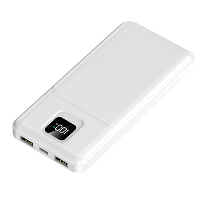 The picture shows a white mobile power bank with the digital display showing "100". There are two USB ports and a Type-C port on the top.