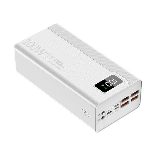 The picture shows a white portable power bank with a 100W PD label on it, featuring a digital display showing "100" and multiple charging ports.
