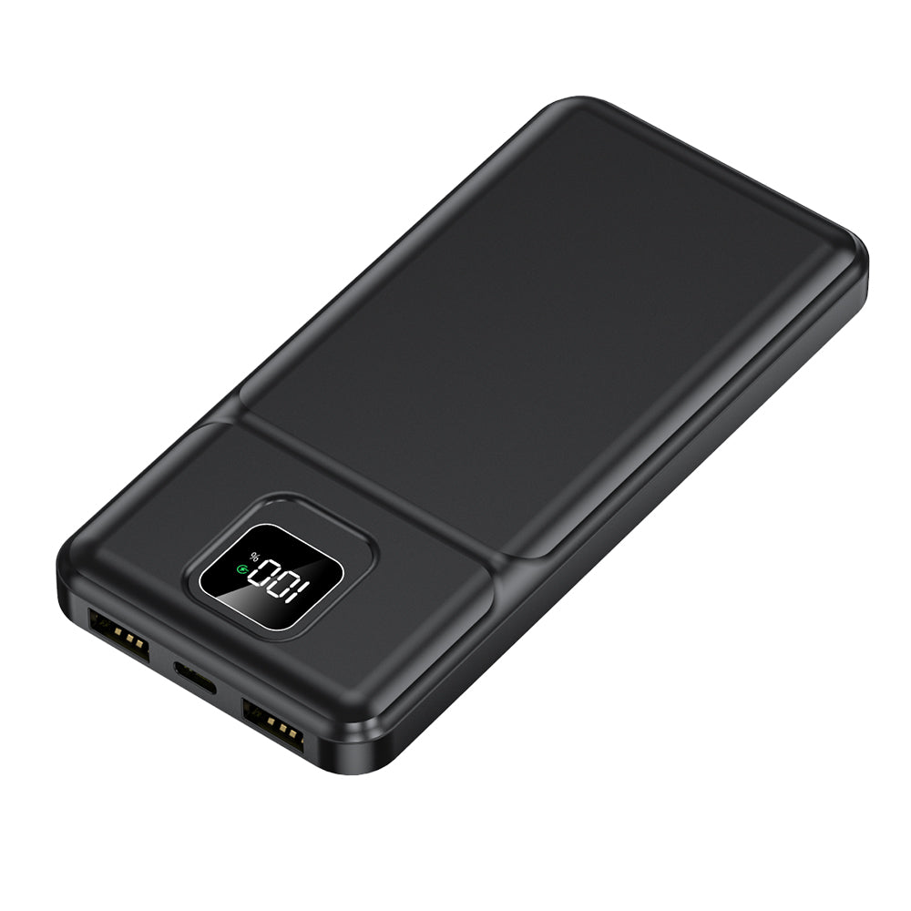 The picture shows a black mobile power bank with the digital display showing "100". There are two USB ports and a Type-C port on the top.