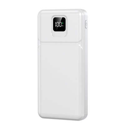 The picture shows a white portable power bank with a digital display indicating that it is fully charged at 100%.
