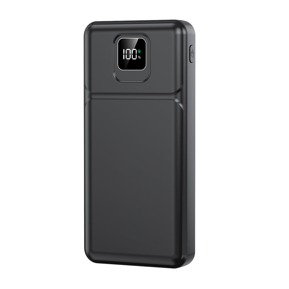 The picture shows a black portable power bank with a digital display indicating that it is fully charged at 100%.
