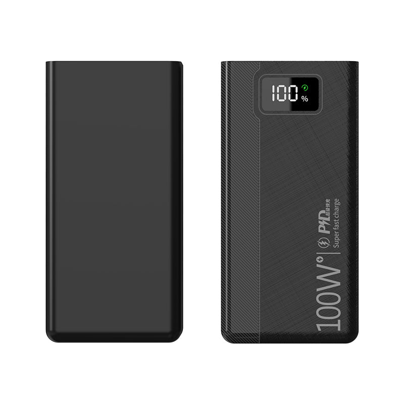 The picture shows a black portable power bank with a digital display indicating 100% charge on one side.
