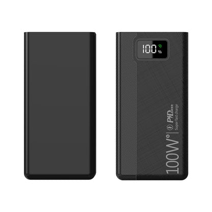 The picture shows a black portable power bank with a digital display indicating 100% charge on one side.
