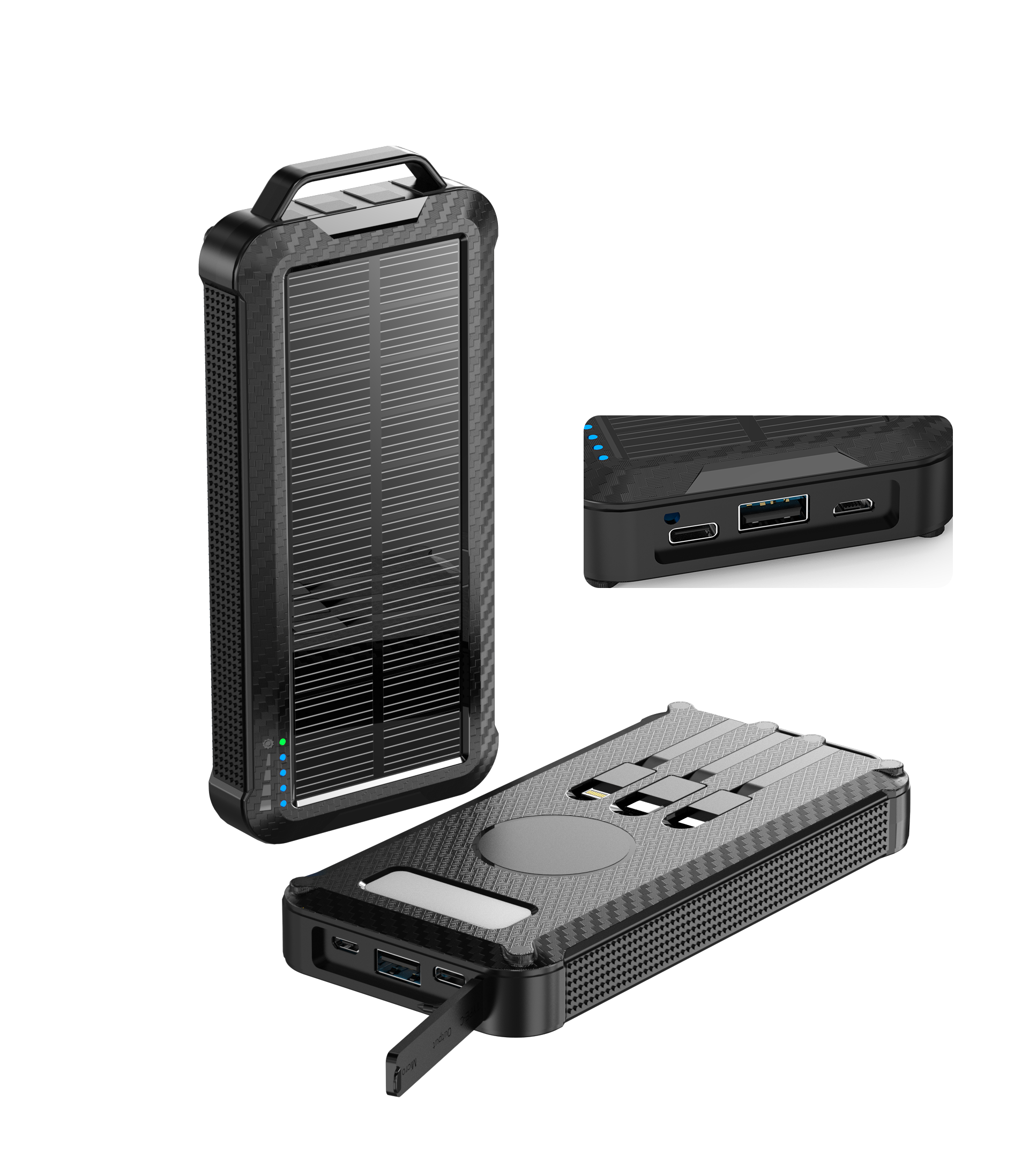 Shown is a high-capacity portable black solar power bank with a rugged design, solar panel for charging, multiple ports for different devices.
