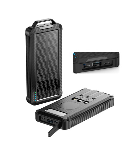 Shown is a high-capacity portable black solar power bank with a rugged design, solar panel for charging, multiple ports for different devices.
