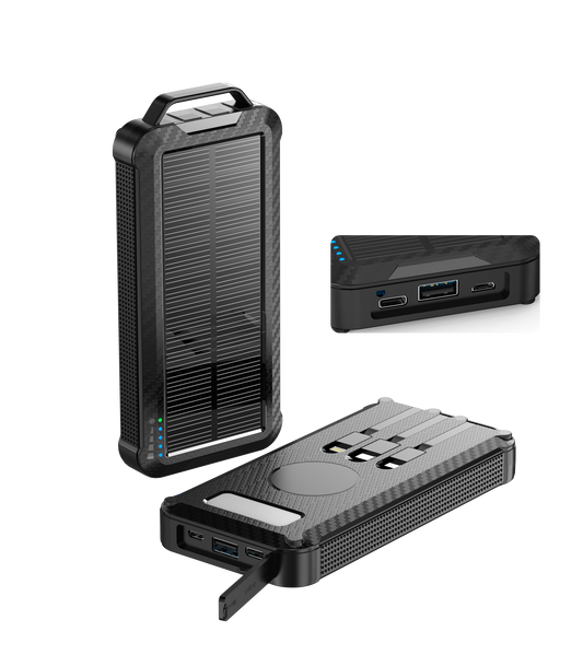 Shown is a high-capacity portable black solar power bank with a rugged design, solar panel for charging, multiple ports for different devices.
