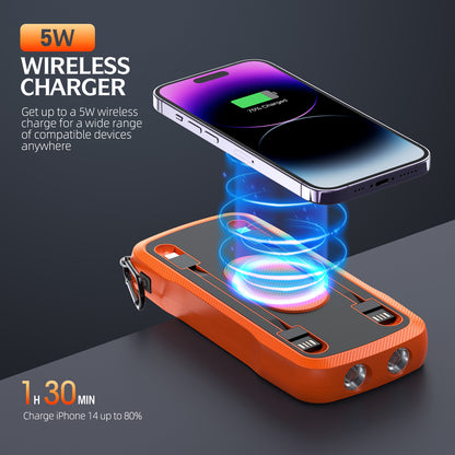 The picture shows four portable power banks available in four colors (orange, blue, green, and black) with solar panels on their surfaces, allowing for charging devices anytime and anywhere.
