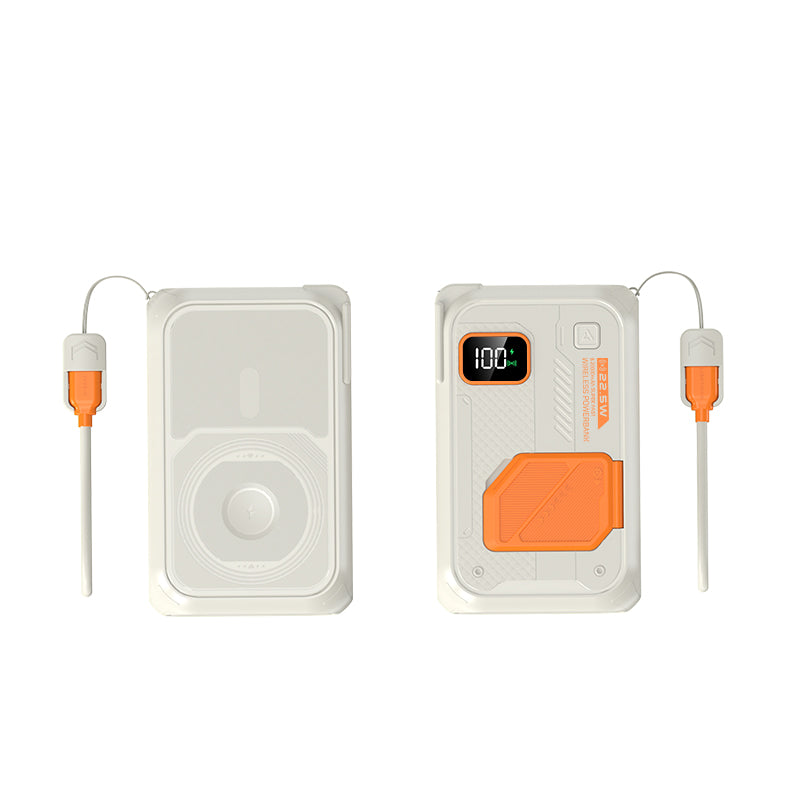 Shown in the picture is a white and orange ruggedly designed portable power bank with a digital display indicating 100% battery level and a green-tipped hand strap.