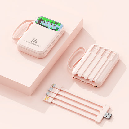 The picture shows a pink portable power bank with a 20W fast - charging feature, a decorative screen on the front, and a matching pink case with multiple slots, accompanied by several pink charging cables.
