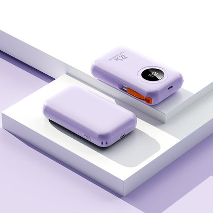 The picture shows a purple mobile power bank with an orange charging port and a digital display showing "100" on one side, and no visible display on the other side.