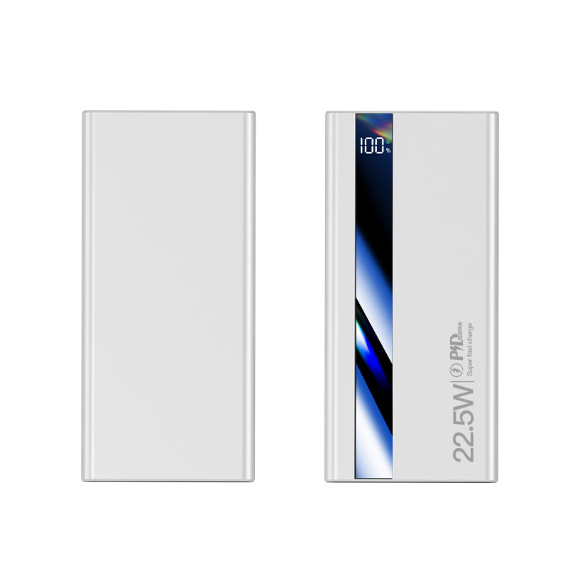 The image displays a white portable power bank,shown from both its plain back and its frnt side, which features a digital battery indicator, blue accent design.