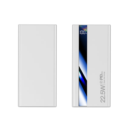 The image displays a white portable power bank,shown from both its plain back and its frnt side, which features a digital battery indicator, blue accent design.