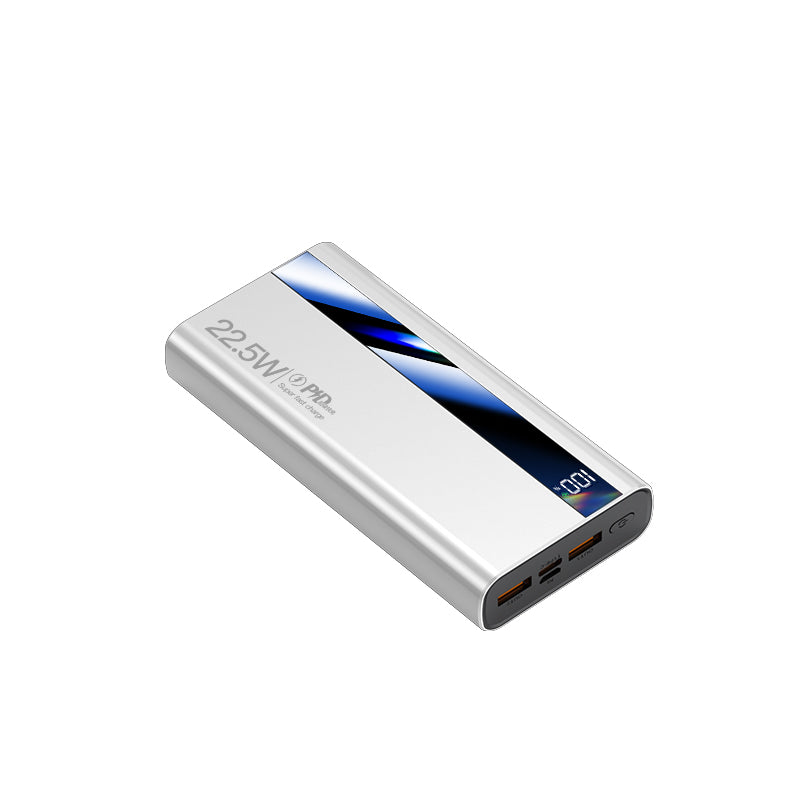 This shows a white portable power bank with "22.5W" labeled on it,featuring dual USB ports, a digital display, and a leek blue accent design.