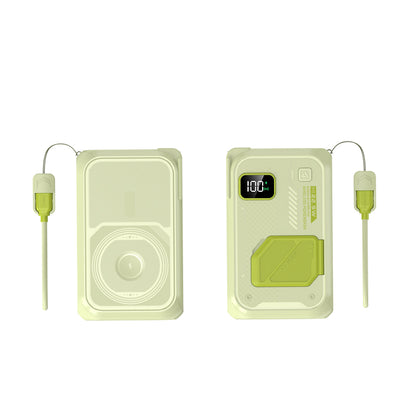 Shown in the picture is a green ruggedly designed portable power bank with a digital display indicating 100% battery level and a green-tipped hand strap.