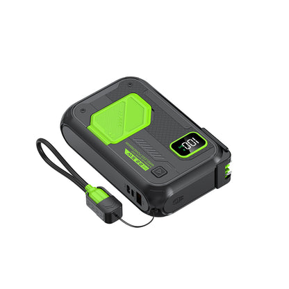 The picture shows a black and green portable power bank with a digital display showing "100", featuring a built - in green - tipped cable and multiple ports.
