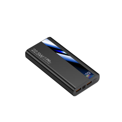 This shows a black portable power bank with "22.5W" labeled on it,featuring dual USB ports, a digital display, and a leek blue accent design.