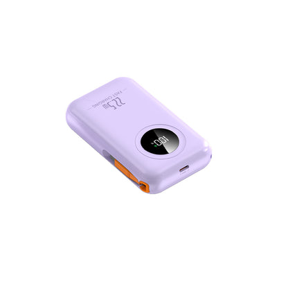 The picture shows a purple portable power bank with a digital display showing "100", featuring a Type - C port and some branding text on the top surface.
