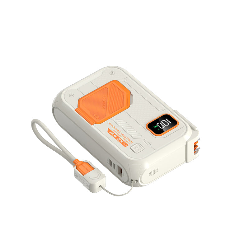 The picture shows a white and orange portable power bank with a digital display showing "100", featuring a built - in orange - tipped cable and multiple ports.