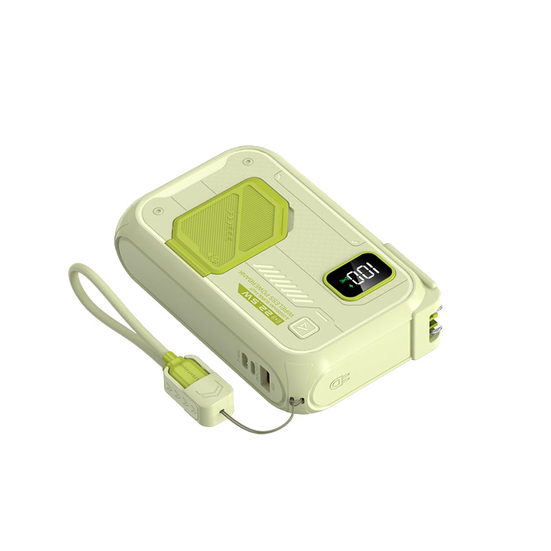 The picture shows a green portable power bank with a digital display showing "100", featuring a built - in green - tipped cable and multiple ports.