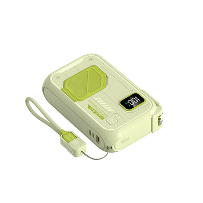 The picture shows a green portable power bank with a digital display showing "100", featuring a built - in green - tipped cable and multiple ports.