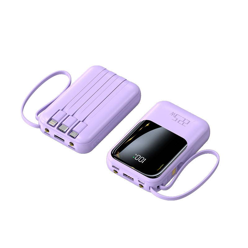 The picture shows a purple mobile power bank with multiple ports on the side and a digital display on the top showing "100".