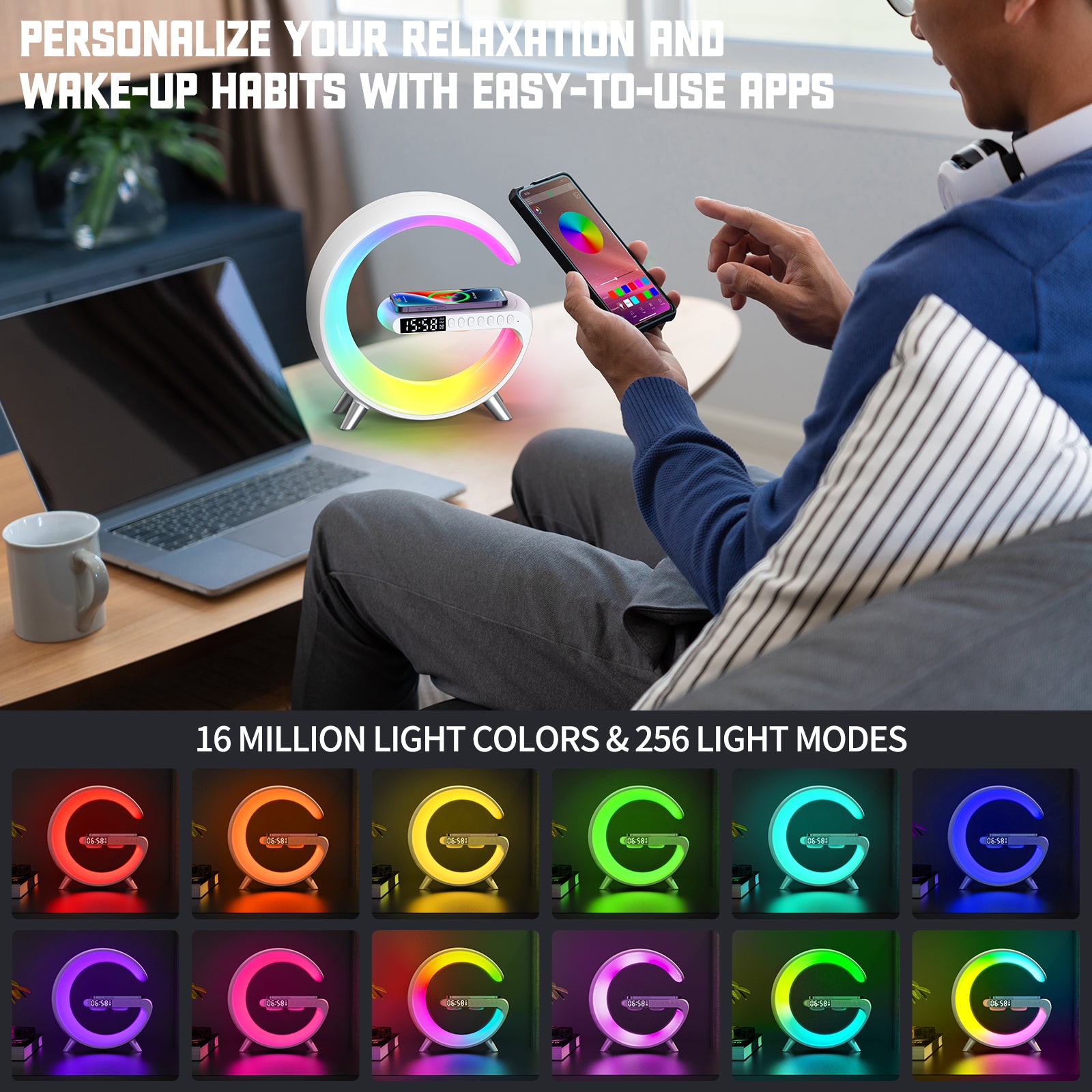 The image showcases a multifunctional alarm clock with 16 million light colors and 256 light modes, which can be personalized through easy - to - use apps for relaxation and wake - up habits.
