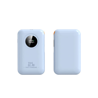 The picture shows a blue portable power bank with a digital display showing 100% battery and a label indicating it supports 22.5W fast charging.
