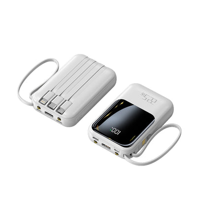 The picture shows a white mobile power bank with multiple ports on the side and a digital display on the top showing "100".