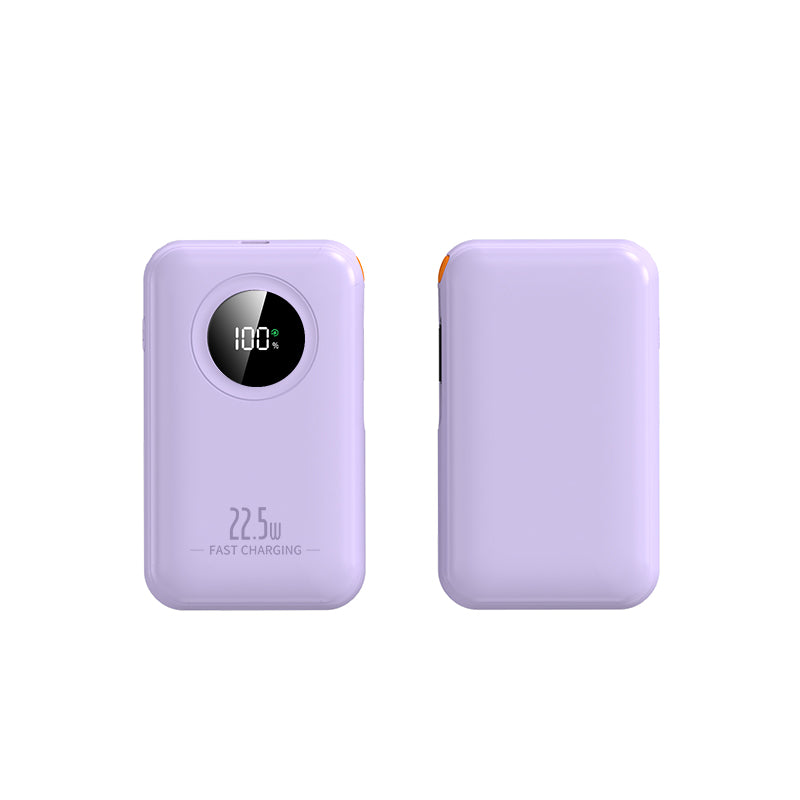 The picture shows a purple portable power bank with a digital display showing 100% battery and a label indicating it supports 22.5W fast charging.
