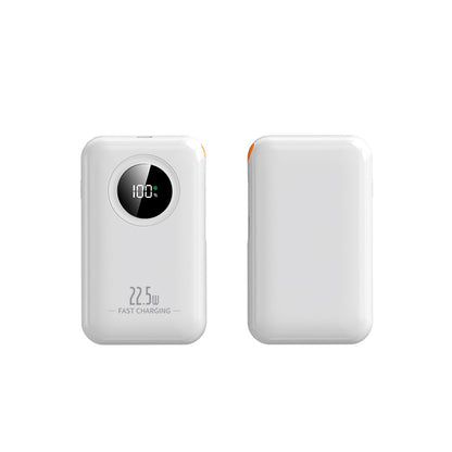 The picture shows a white portable power bank with a digital display showing 100% battery and a label indicating it supports 22.5W fast charging.
