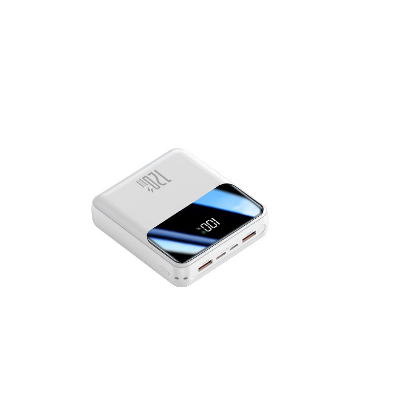 The image shows a white potable power bank with three charging cables and a USB cable to connect directly to the socket or charging head, a digital screen and a looped strap for easy carrying.